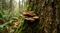 Orange bracket fungi growing on moss-covered tree trunk in lush forest with soft sunlight filtering through woodland canopy creating natural outdoor scene.