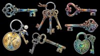 Vintage ornamental keys and keychains with decorative metal designs, isolated on transparent background. Ready for clipart, t-shirt design, print-on-demand products, stickers, and sublimation projects.
