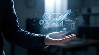 Businessman holding glowing digital growth chart with gears and upward arrow, representing business performance, analytics, and success strategy for corporate development.