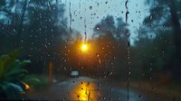 Glowing street lamp illuminates rainy evening through wet window glass with water drops, creating atmospheric bokeh effect and reflections on dark moody background.