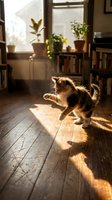 Playful orange and white kitten pouncing on wooden floor in sunlit room with potted plants, bookshelves, and window light creating warm home interior atmosphere.