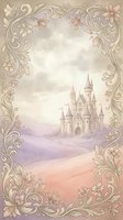Vintage fairytale castle with ornate floral border frame in soft pastel colors for storybook illustration and romantic design projects.