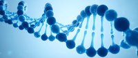 Blue DNA double helix structure with molecular bonds on gradient background for genetics research and biotechnology applications.