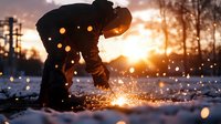 Silhouette of industrial worker welding at sunset with bright sparks flying, dramatic orange sky and snow covered ground creating atmospheric scene.
