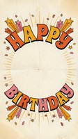 Happy Birthday greeting card template with vintage comic book style lettering, colorful bursting fireworks, stars, and confetti elements on aged cream background. Isolated design ready for customization, printing, invitations, and celebrations.