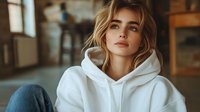 Young blonde woman in white hoodie sitting casually in modern industrial loft space with warm lighting and urban interior design elements.