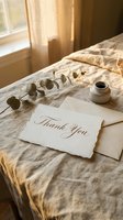 Elegant thank you card with calligraphy script on linen surface, eucalyptus branch, ink pot, warm golden light, for wedding stationery.