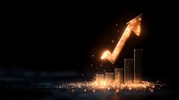 Glowing golden arrow rises above bar chart with magical sparkles and light particles against dark background, representing financial growth and success.