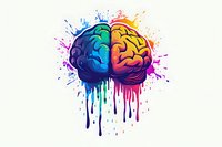 Colorful human brain with left and right hemispheres in blue and orange, surrounded by rainbow paint splatter effect on white background.