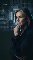Mature woman with long dark hair wearing dark blazer, hand to chin in thoughtful pose against digital circuit board background for technology, innovation, and business concepts.