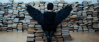 Person wearing black wings sitting among stacks of books in library setting, creating surreal atmospheric scene with knowledge and freedom symbolism. Back view panoramic composition.
