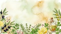 Watercolor olive oil and herbs border design with lemon slices, black olives, and botanical elements on cream background, suitable for recipe cards, menus, and culinary branding projects.