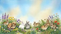 Young rabbits and bunnies gathered in wildflower meadow with purple lupines, yellow flowers, and green foliage. Suitable for children's illustrations, Easter designs, and nature-themed projects.