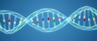 DNA double helix structure with genetic code markers on blue background for biotechnology research and medical science applications.