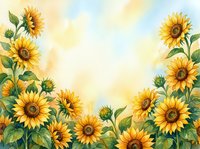 Watercolor sunflowers frame a bright open sky background, creating a cheerful summer border for cards, invitations, and seasonal designs.