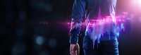 Futuristic digital wave pattern with glowing purple and blue neon lights behind silhouetted person in casual wear against dark background, panoramic format.