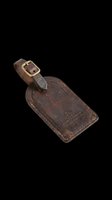 Vintage brown leather luggage tag with brass buckle strap, isolated on transparent background. Ready for t-shirt design, clipart, stickers, print-on-demand products, and sublimation projects.