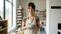 Young woman with brown hair and fair complexion wearing a beige apron holding a ceramic bowl in a bright pottery studio with shelves of clay vessels and natural light from large windows.