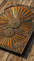 Ornate vintage brass decorative panel with intricate floral motifs and radiating sunburst pattern on weathered wooden planks for antique design projects.