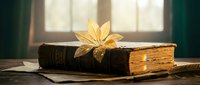 Vintage leather-bound book with golden autumn leaf bookmark on wooden table by window. Warm sunlight creates nostalgic reading atmosphere for literature lovers.