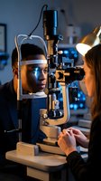 African American man receiving comprehensive eye examination from female optometrist using advanced slit lamp microscope in modern clinic setting.