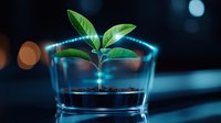 Young green plant growing in glass container with soil on dark background with bokeh lights, representing growth, innovation and environmental science.