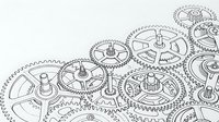 Intricate mechanical gears and cogs line art drawing with detailed teeth and connecting mechanisms for engineering and industrial design projects.