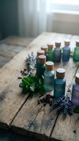 Essential oil bottles with wooden caps arranged on rustic wood table with fresh lavender and mint herbs for natural aromatherapy and wellness treatments.