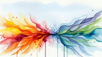 Abstract colorful flowing waves with vibrant rainbow spectrum from warm orange yellow to cool blue green tones with paint drips on white background.