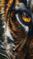 Extreme close-up of tiger eye with amber iris and detailed fur texture showing intricate patterns of orange, black and white stripes in dramatic lighting.