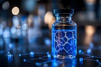 Glowing molecular structure in glass bottle with blue neon light effect and bokeh background, scientific concept showing chemical bonds and research.