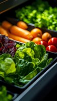 Fresh organic vegetables in refrigerator drawer - carrots, tomatoes, lettuce varieties arranged in modern kitchen storage. Food photography with dramatic lighting.