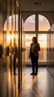 Caucasian businesswoman in blazer standing in modern office corridor at golden sunset, reflections on glass panels creating dramatic atmosphere.
