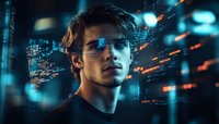 Young male programmer in dark environment with futuristic holographic data projections and code visualization, dramatic cyberpunk lighting creates tech atmosphere.