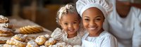 Young African American female baker in white chef hat and apron smiling with toddler daughter in bakery kitchen surrounded by fresh bread and pastries.