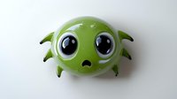 Cute green cartoon spider character with big glossy eyes and worried expression on white background, isolated design element for creative projects.