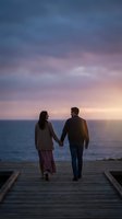 Couple holding hands walking on wooden pier at sunset over ocean with purple and pink sky, romantic evening scene for relationship and travel concepts.