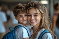 Happy Caucasian mother and son embracing before school day, wearing backpacks and smiling warmly together in bright educational environment.