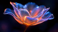 Luminous translucent flower petals glowing with orange and blue colors against dark background, creating ethereal and magical nature macro photography effect.
