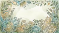 Ornamental botanical frame with decorative foliage, swirling leaves, and flourishes in muted tones of blue, gold, and green. Isolated on cream background, ready for invitations, certificates, and design projects.