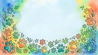 Colorful watercolor paw prints and floral elements border a white center space, creating a vibrant frame perfect for pet-related designs, greeting cards, and animal-themed projects.