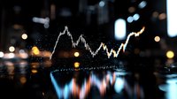Financial market data visualization showing glowing stock price chart with rising trend line reflected on dark surface amid blurred city lights and bokeh effects.