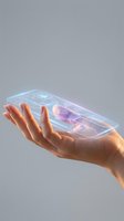 Futuristic holographic smartphone floating above open palm with glowing interface elements and translucent display technology concept.
