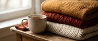 Warm ceramic mug with hot beverage placed beside folded knit sweaters in autumn tones on wooden surface near window, evoking cozy fall season comfort and hygge lifestyle aesthetic.