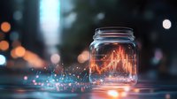 Glowing orange stock market graph captured inside glass jar with magical sparkles and bokeh lights on dark background, financial concept.