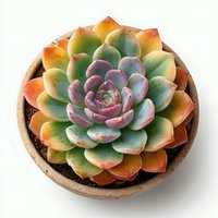 Colorful succulent plant with vibrant orange, green and purple leaves in terracotta pot isolated on white background for home decor and gardening projects.
