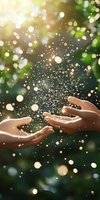 Hands releasing magical glowing particles in sunlight against green forest background, creating ethereal atmosphere for wellness and nature concepts.