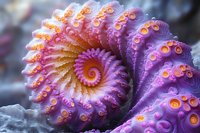 Vibrant spiral tentacle of purple and orange sea creature with detailed suction cups creates mesmerizing fractal pattern against dark rocky background.