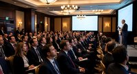 Business conference with diverse professionals attending presentation in elegant hotel ballroom with modern lighting and projection screen.