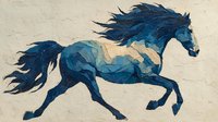 Blue horse in dynamic galloping pose with flowing mane and tail, artistic watercolor style on textured beige background for equestrian and animal themed designs.